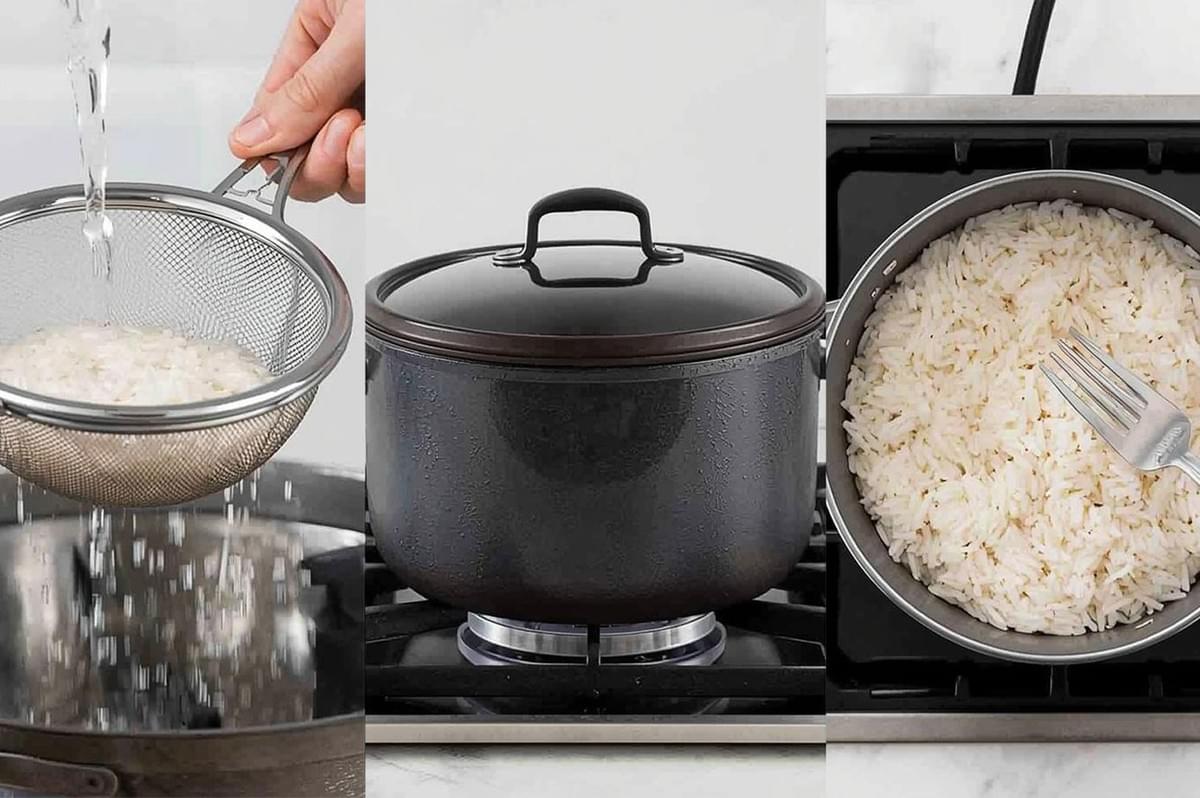 Three-panel image showing the steps for cooking rice: rinsing the rice in a sieve, boiling the rice in a lidded pot on a stove, and fluffing the cooked rice with a fork.