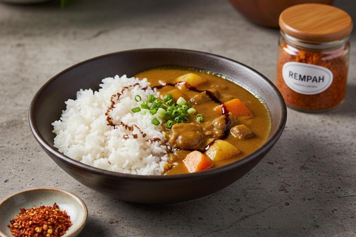 A bowl of Japanese-style beef curry with potatoes and carrots served with white rice and green onions, positioned next to a jar of "Rempah" spice powder.