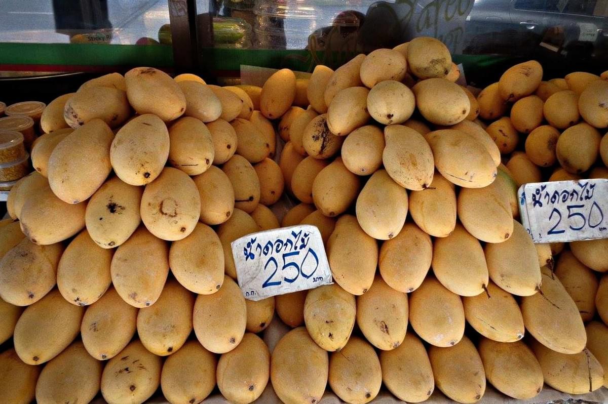 A market stall displaying large piles of ripe yellow mangoes stacked in mounds.