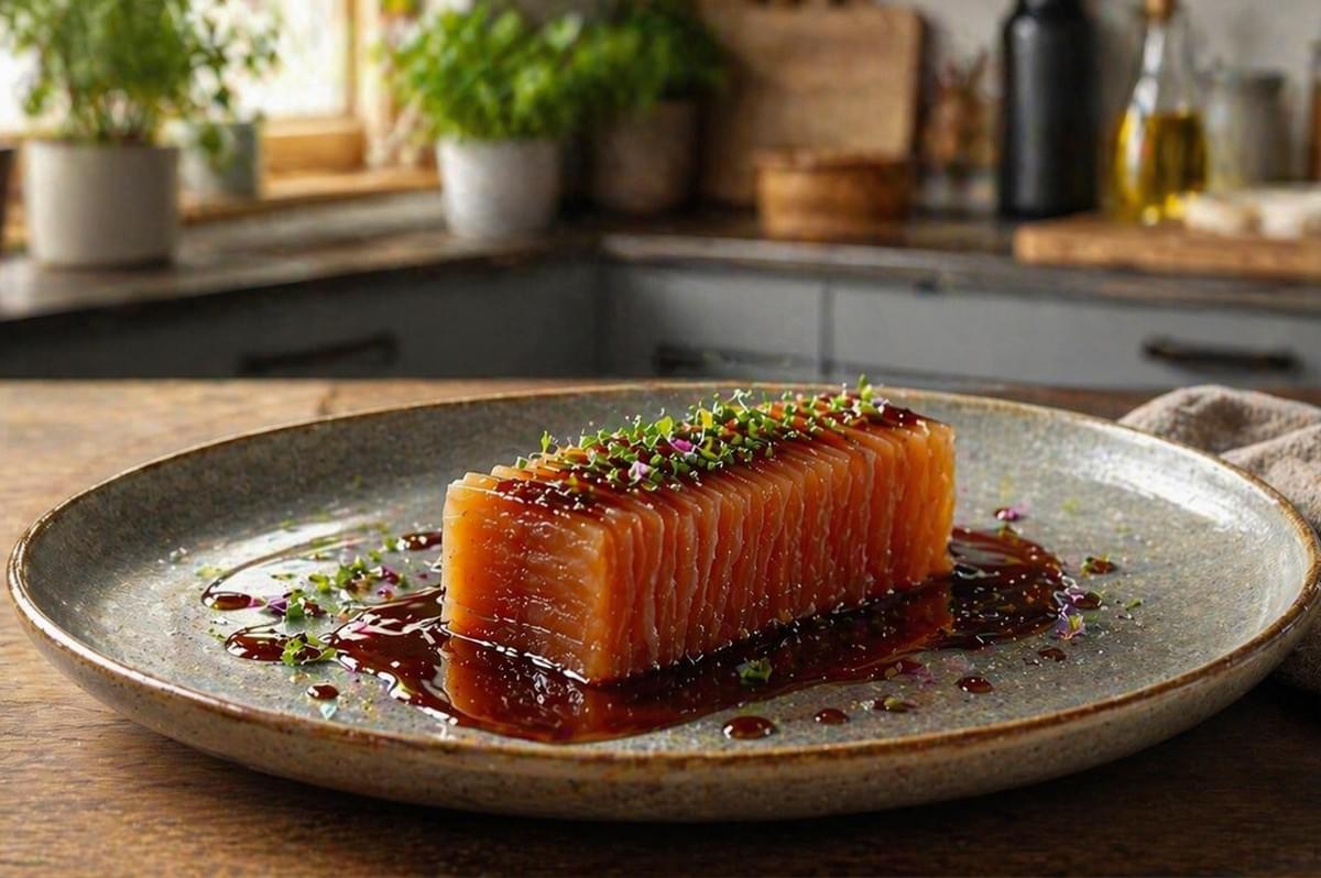 A Smoked Ankimo Persimmon Mosaic presented as a precise, rectangular block of alternating, paper-thin slices of orange persimmon and pale pink ankimo. The mosaic sits centered on a rustic, speckled gray ceramic plate, partially submerged in a pool of glossy, dark amber-colored soy-based reduction. A fine line of vibrant green micro-herbs and tiny purple edible flower petals is meticulously garnished along the top ridge of the block, with a light dusting scattered across the surrounding sauce. The background is a softly blurred, warm-toned kitchen setting with wooden countertops and potted herbs, emphasizing the dish's sophisticated textures and artistic geometry.