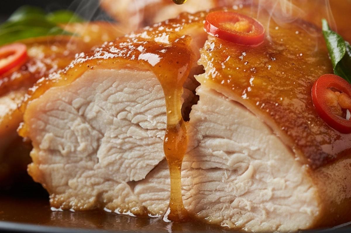 Close-up cross-section of a moist, cooked chicken thigh with honey-colored glaze dripping down the side and red chili garnish.