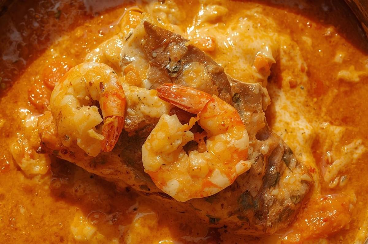 A bright, macro shot of a creamy, orange Goan fish curry, featuring a large piece of fish fillet and two bright pink prawns (shrimp) resting on top of the sauce.
