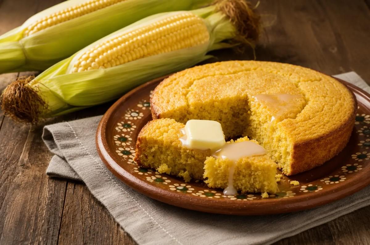 Round skillet cornbread topped with butter and glaze on a clay plate next to ears of corn.