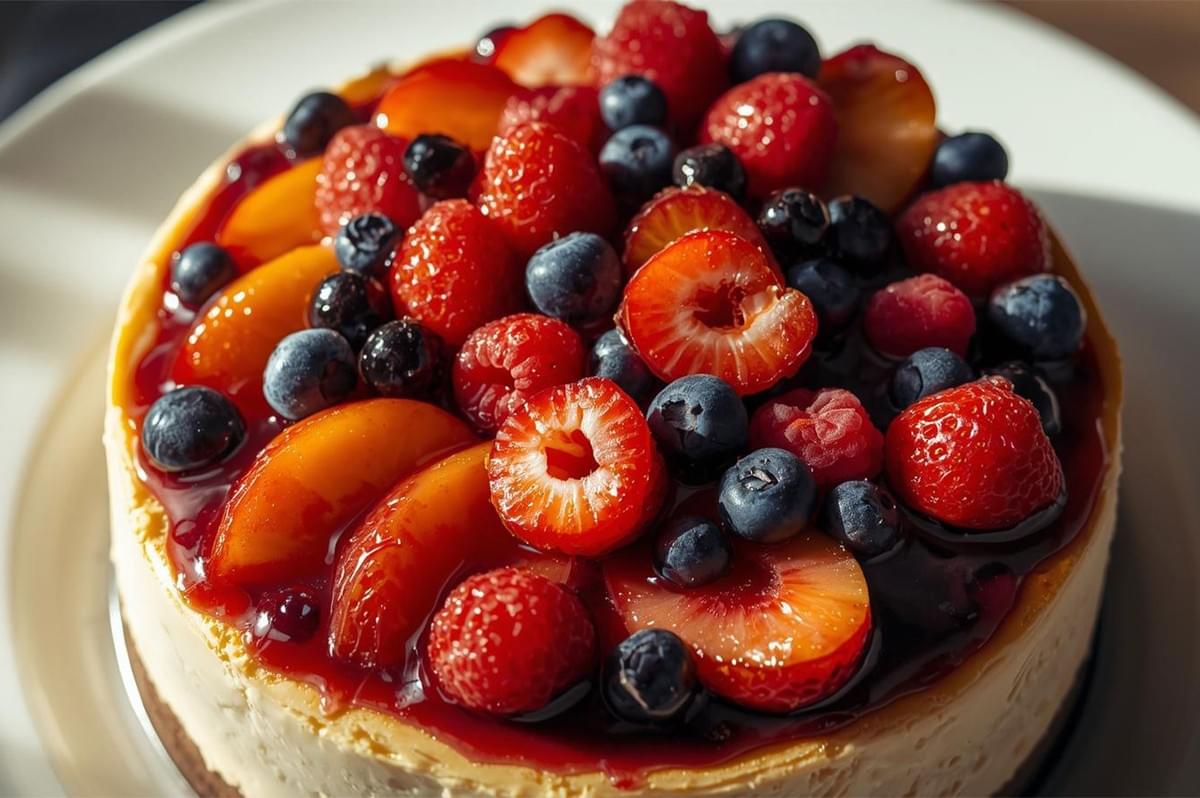 Close-up of a New York-style cheesecake generously topped with a rich mix of fresh strawberries, blueberries, raspberries, and glazed peach slices.