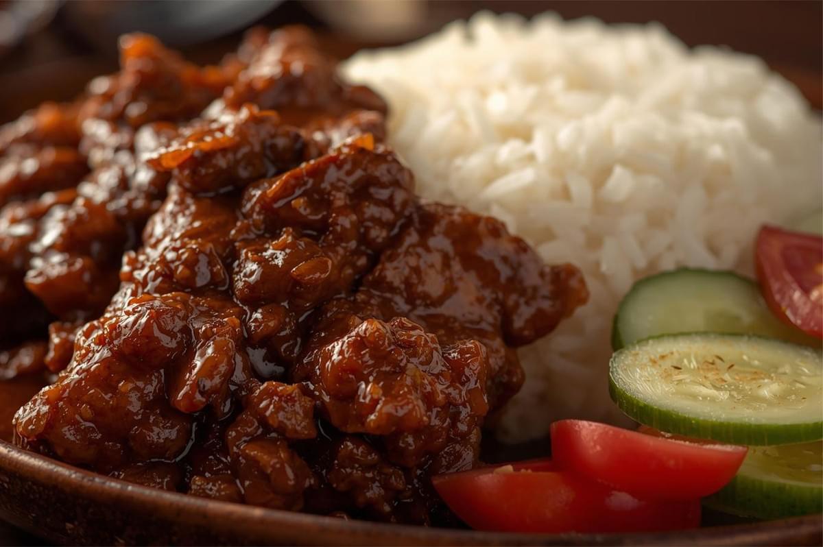 A side view of a rich serving of dark, stewed rendang (beef or chicken) plated next to a mound of fluffy white rice and fresh slices of cucumber and tomato garnish.