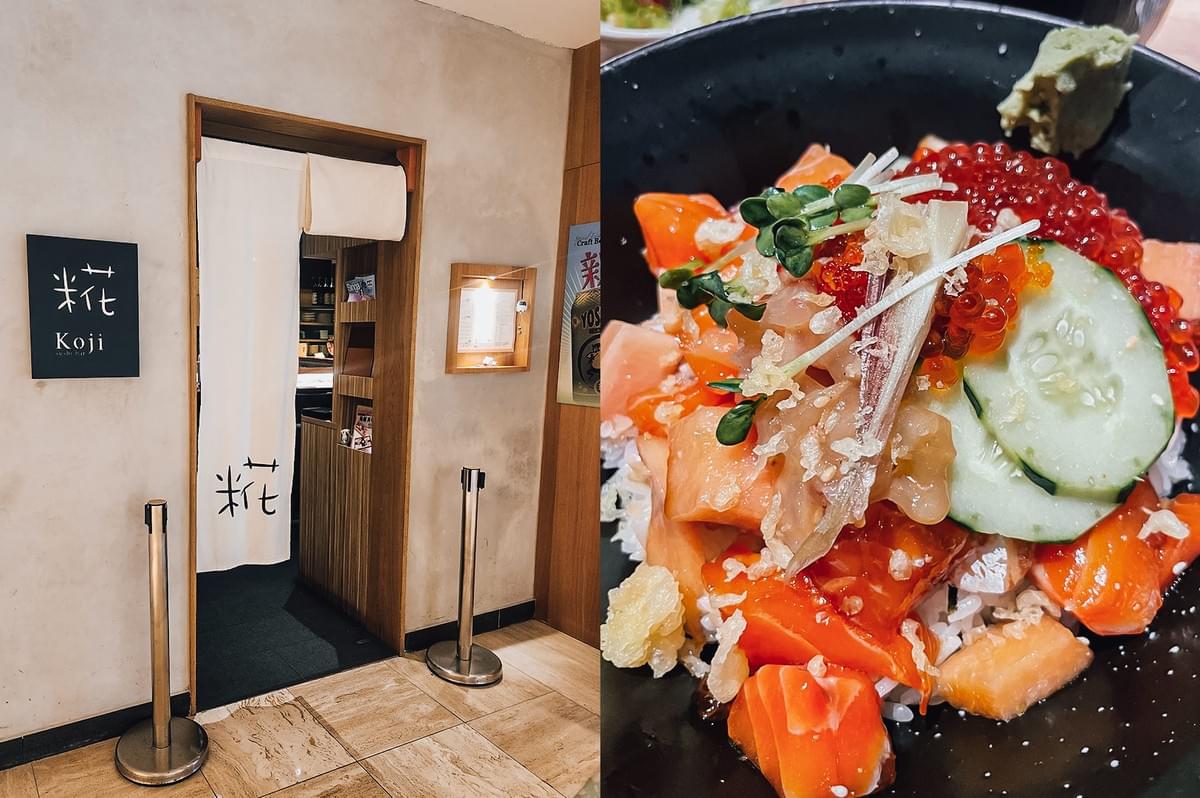 “Left: Eye-level view of the Koji Sushi Bar entrance featuring a white noren curtain, wooden doorway, illuminated wall signage, menu display case, queue stanchions, and beige stone flooring in a minimalist Japanese-inspired setting. Right: Close-up, slightly top-down view of a chirashi-style rice bowl with diced salmon, salmon roe, cucumber slices, microgreens, crispy garnish flakes, wasabi, and white rice in a black bowl, emphasizing glossy seafood textures, vivid orange and green tones, and detailed ingredient presentation.”