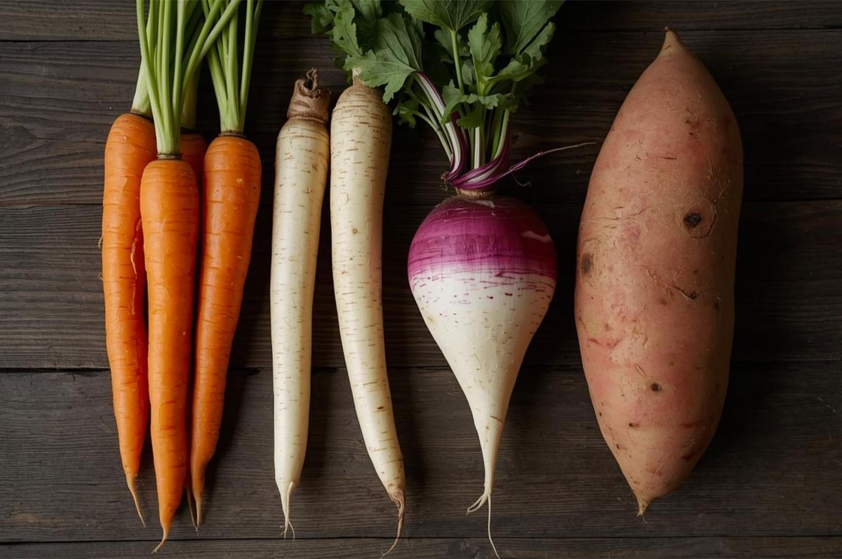 An overhead flat lay of fresh, raw root vegetables on a dark wooden background, including bright orange carrots, white parsnips, a purple-and-white turnip, and a large pink-skinned sweet potato.