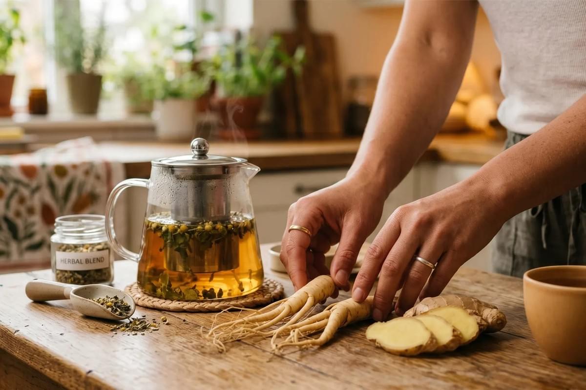 A person preparing fresh herbal tea in a kitchen with a glass teapot, ginseng roots, sliced ginger, and a jar of herbal blend on a wooden table.