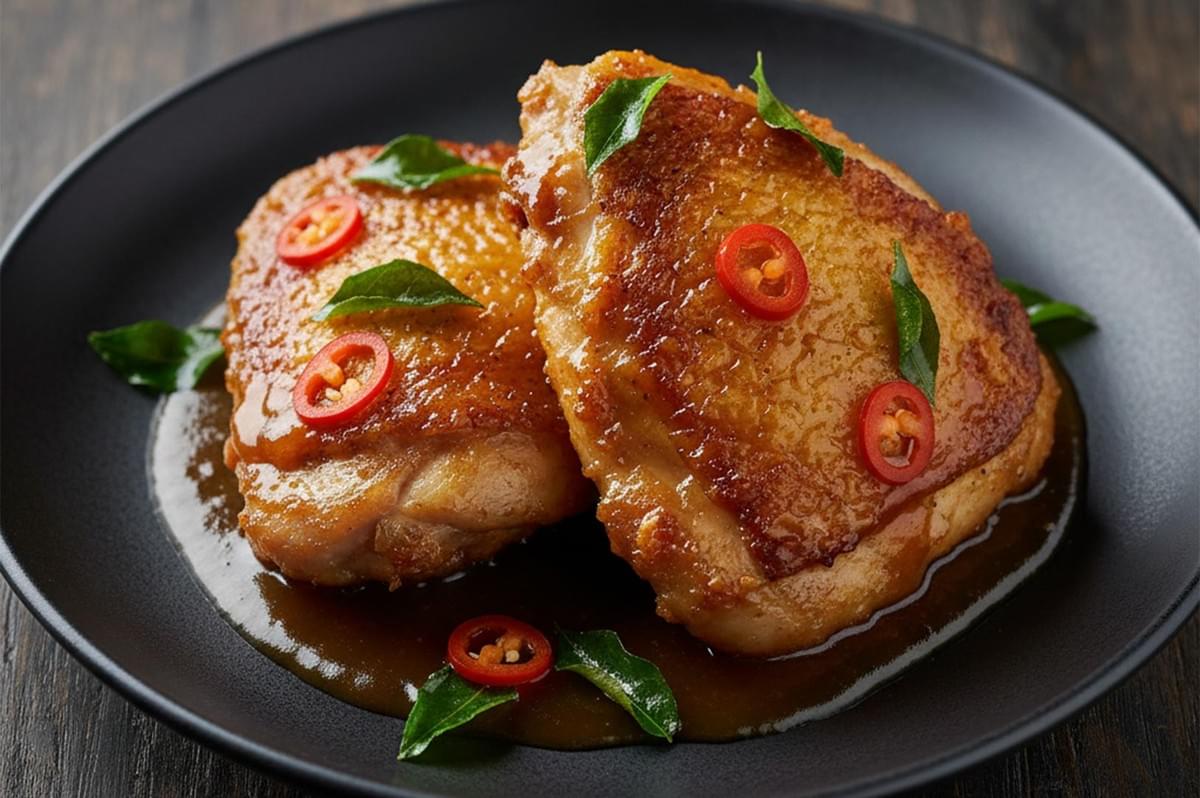 Two golden-brown glazed chicken thighs plated on a dark dish, garnished with sliced red chilies and fresh green curry leaves.