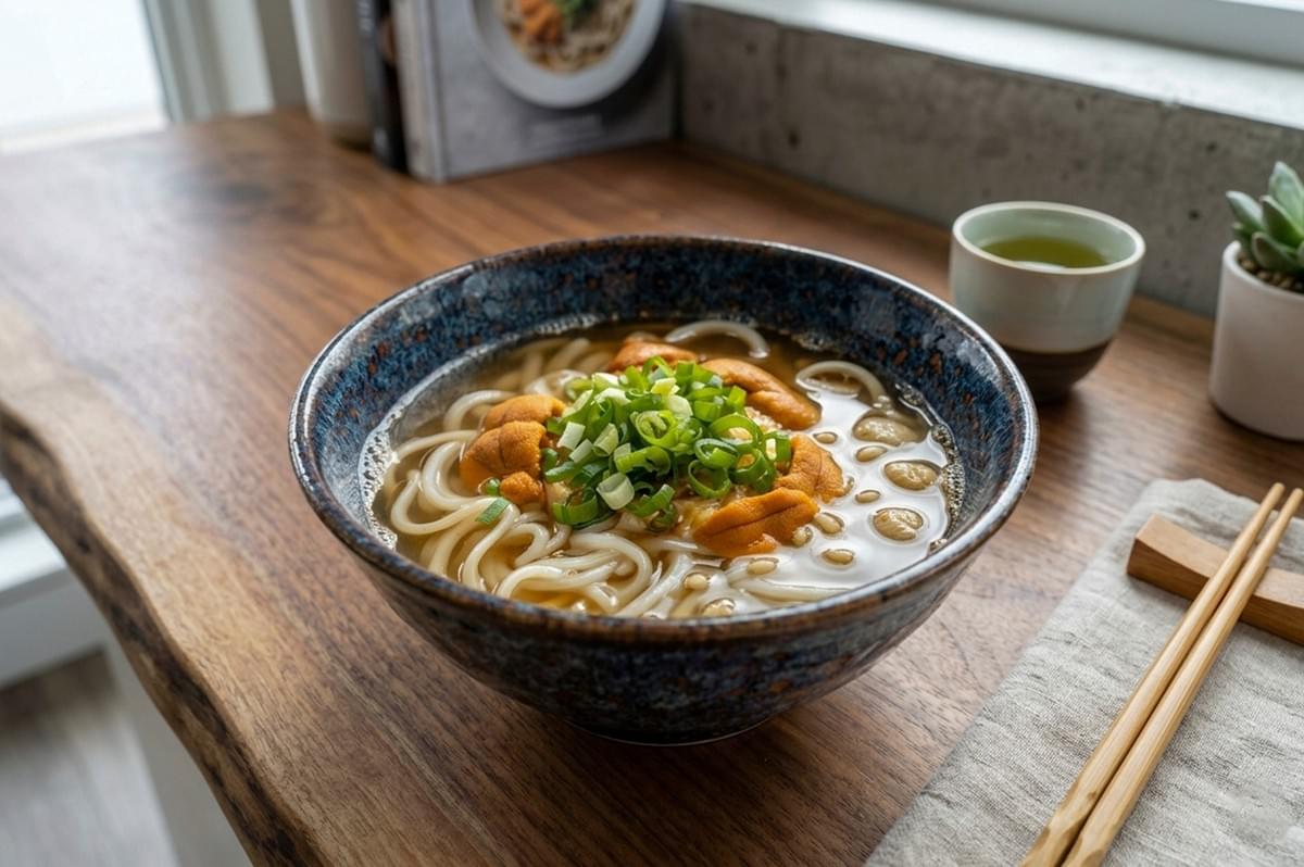 A steaming bowl of uni udon resting on a live-edge wooden table in a brightly lit, modern kitchen. The dark, speckled ceramic bowl is filled with thick, white udon noodles submerged in a clear, golden dashi broth and topped with several pieces of creamy, bright orange sea urchin (uni) and a generous mound of freshly sliced green onions. To the right of the bowl, a pair of light wood chopsticks rests on a small wooden holder atop a linen napkin, alongside a small ceramic cup of green tea and a tiny potted succulent. In the blurred background, a cookbook stands upright, further emphasizing the theme of seasonal, home-cooked Japanese cuisine.