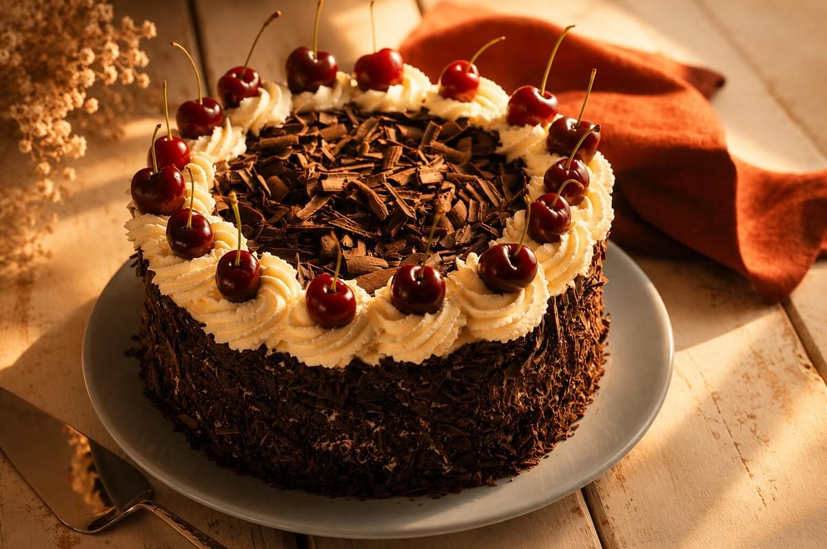 A whole Black Forest cake coated in chocolate shavings, ringed with whipped cream swirls and topped with fresh, whole cherries on a grey plate in warm sunlight.