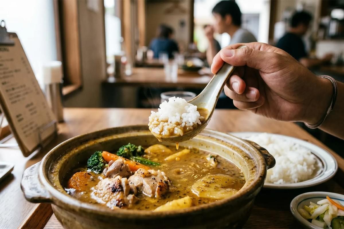 A clay pot of Japanese soup curry with chicken and vegetables, featuring a spoonful of rice being dipped into the broth.