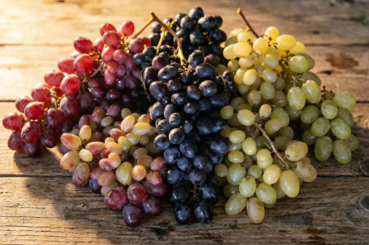Assorted red, black, and green grape varieties arranged on weathered rustic wooden table