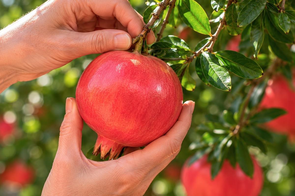 Hands picking a ripe red pomegranate from a tree branch