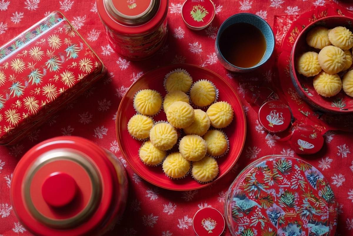 Festive Chinese New Year table arrangement featuring butter cookies, tea, and red decorative tins. 