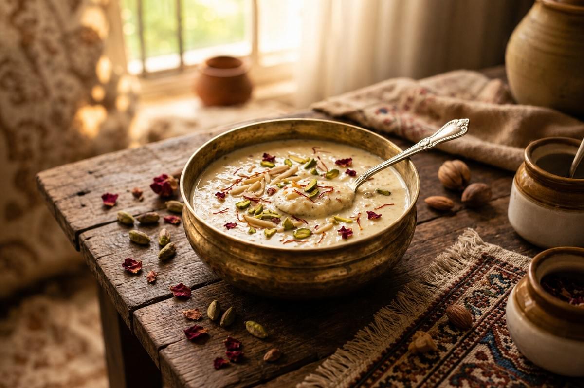 A brass bowl of kheer with a spoon, garnished with sliced almonds, pistachios, and saffron.