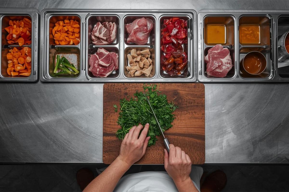 Overhead shot of a chef's hands chopping fresh parsley on a wooden cutting board, surrounded by metal containers holding pre-prepped ingredients like meats, chopped vegetables, and sauces.