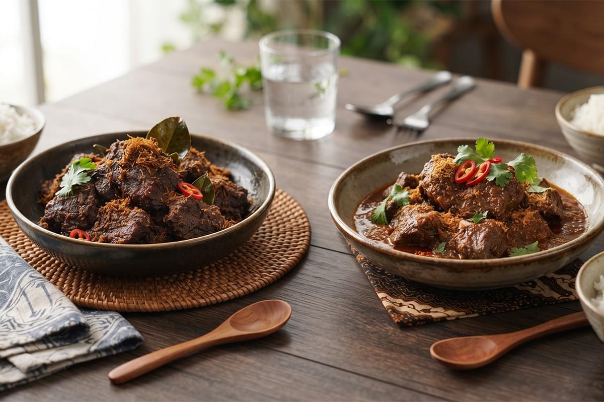 Indonesian beef rendang and Malaysian rendang served in bowls on a wooden dining table.
