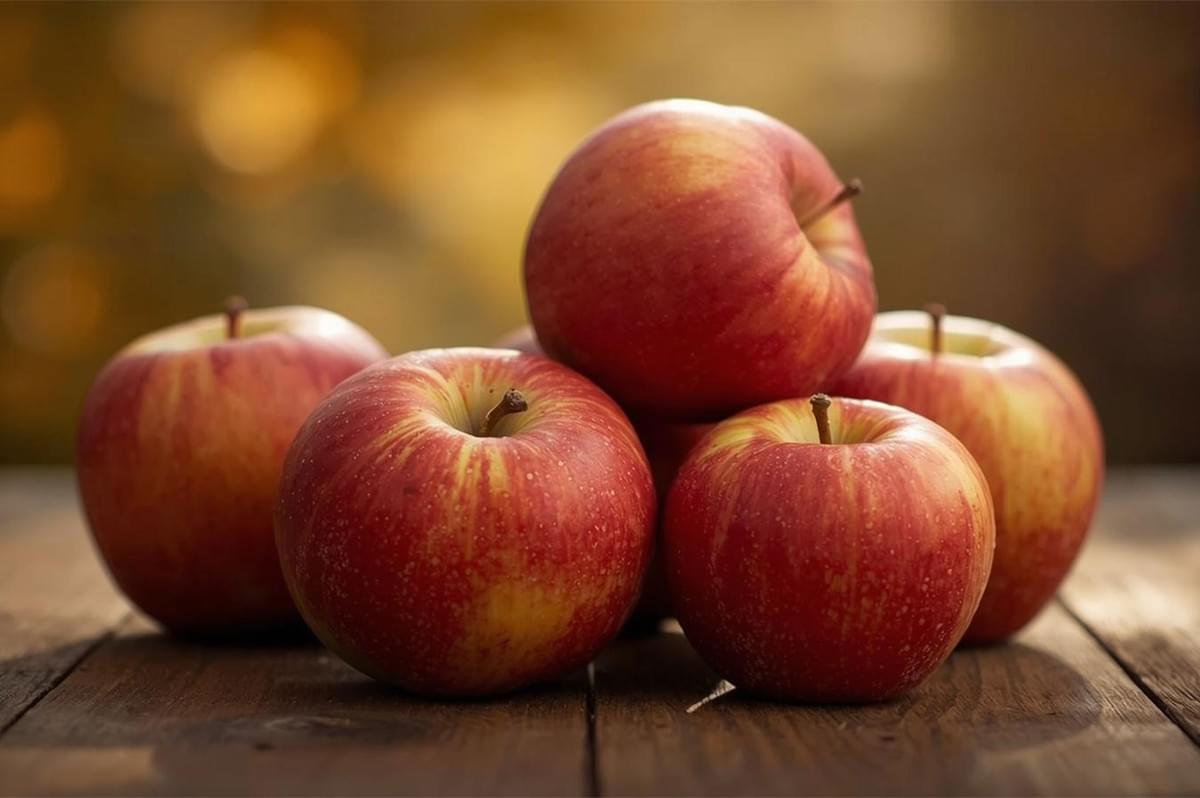 A small pile of fresh, red and yellow Gala or Fuji apples with stems, resting on a rustic wooden table in soft, autumn-like outdoor lighting.