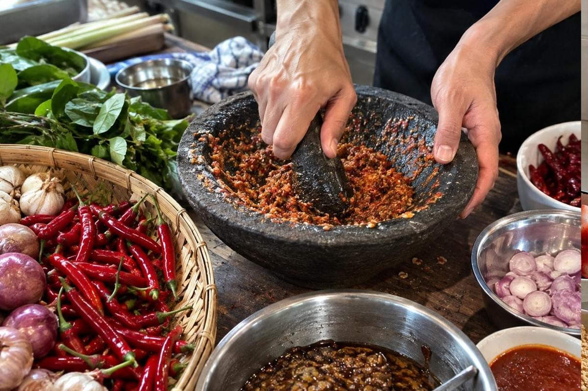 A close-up action shot of a person using a traditional black stone mortar and pestle to grind a vibrant red chili paste on a rustic wooden countertop. Surrounding the mortar are fresh cooking ingredients, including a woven bamboo basket filled with whole red chilies, garlic heads, and shallots on the left, alongside fresh green herbs and lemongrass. Stainless steel bowls around the workspace hold sliced shallots, dark sauces, and other prepared condiments, capturing an authentic, hands-on culinary preparation scene.