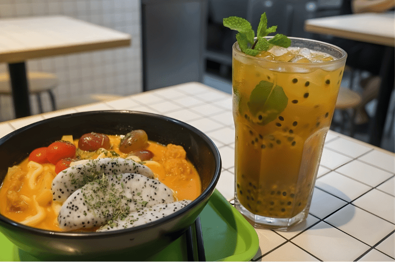 A meal set featuring a bowl of fruit curry udon next to a tall glass of iced passion fruit juice garnished with fresh mint leaves. The pairing sits on a green tray over a white tiled tabletop.