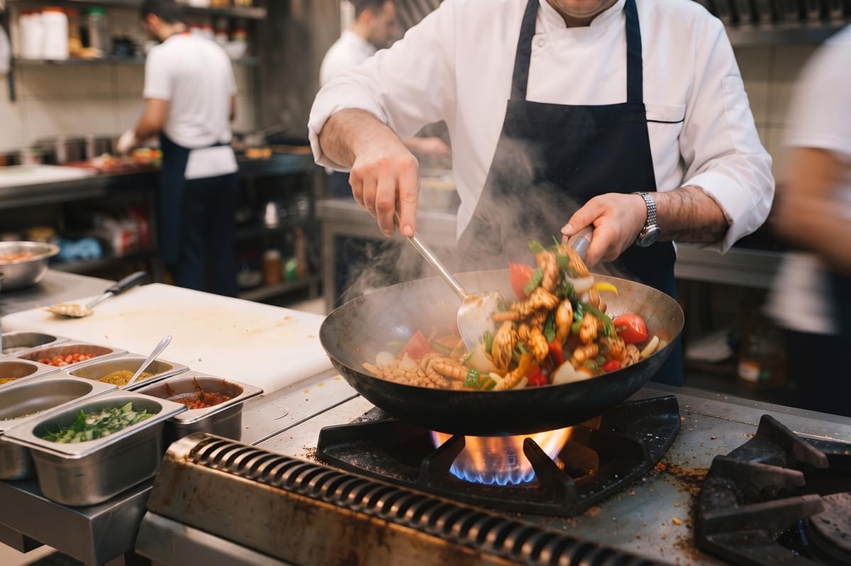 Chef stir-frying vegetables and meat in a hot wok in a professional restaurant kitchen.