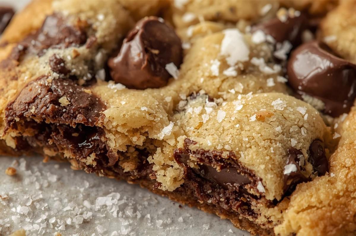 An extreme macro shot of a thick, freshly baked chocolate chip cookie bar sliced open, showing melted chocolate chunks, a gooey center, and a sprinkle of coarse sea salt on top.