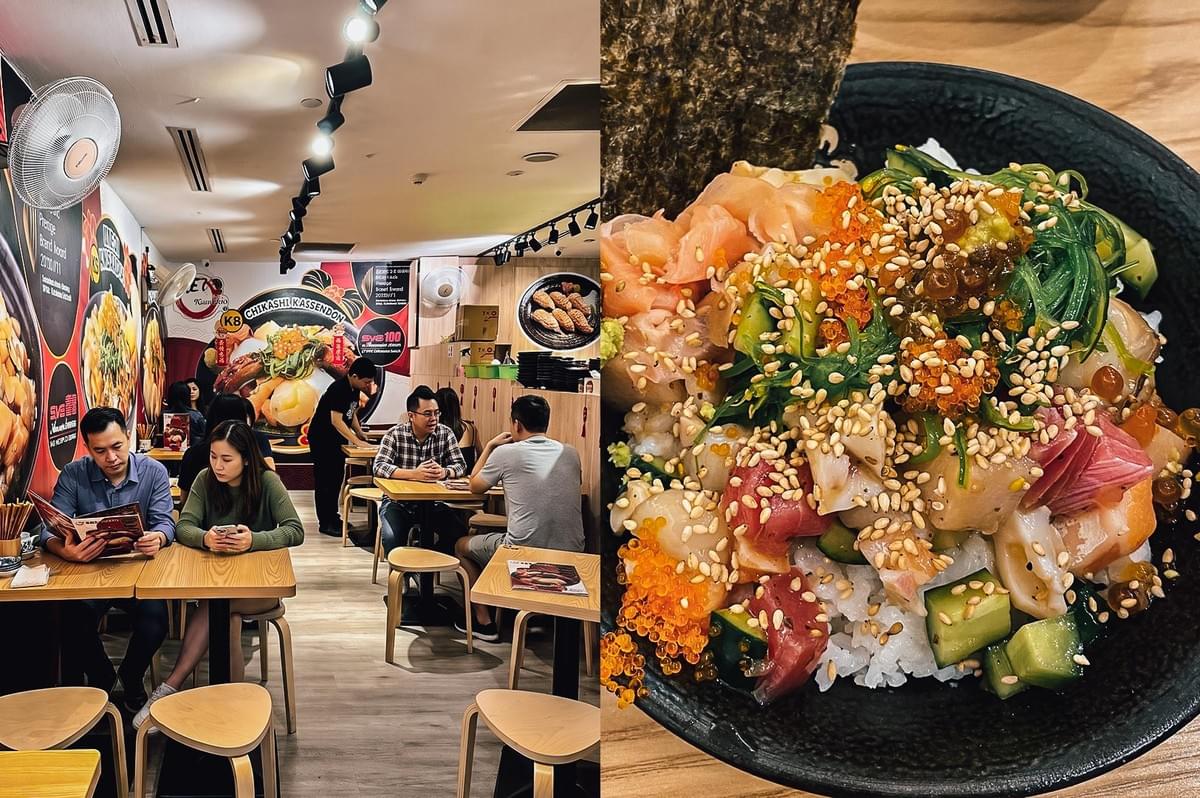 “Left: Wide-angle, eye-level view of a casual Japanese dining restaurant with light wood tables and stools, wall murals featuring food photography and menu graphics, track lighting, wall-mounted fans, and several diners seated throughout the space. Right: Close-up, slightly top-down view of a chirashi don bowl filled with assorted diced seafood, cucumber cubes, seaweed, salmon roe, sesame seeds, pickled ginger, and white rice in a black bowl, showcasing layered textures, colorful ingredients, and a generous seafood presentation.”