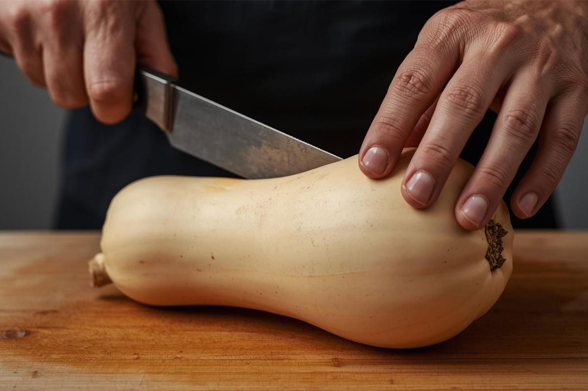 A close-up of a person using a large chef's knife to carefully slice a whole, beige butternut squash lengthwise on a wooden cutting board for preparation.