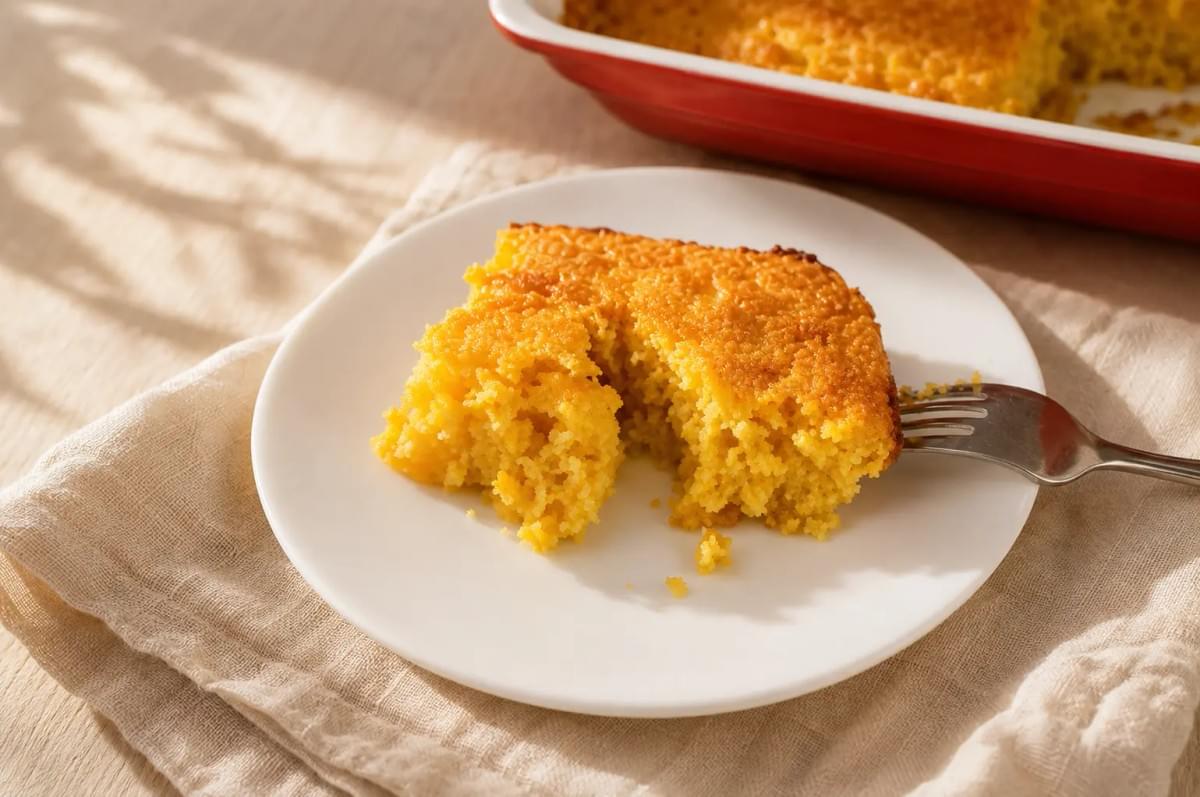 Slice of moist golden cornbread on a white plate with a fork.