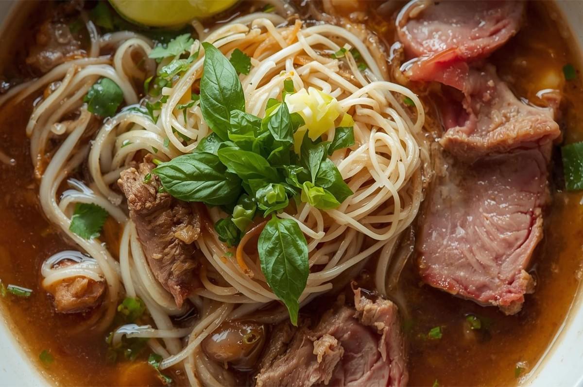 Extreme close-up of a bowl of Vietnamese Pho beef noodle soup, showing thick slices of meat, thin rice noodles, fresh green basil and cilantro, and a wedge of lime in the rich, dark broth.