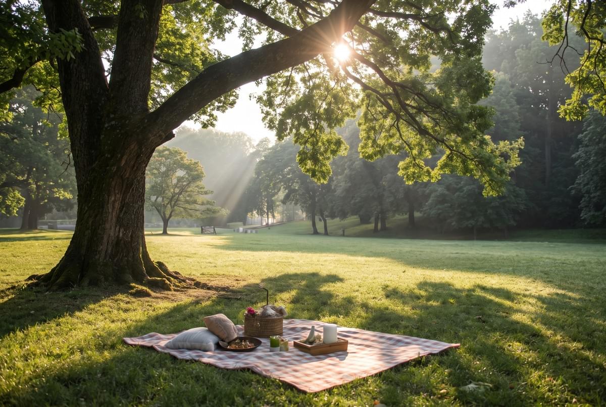 Checkered picnic blanket set under a large shady tree in a grassy park as sunlight filters through the branches.