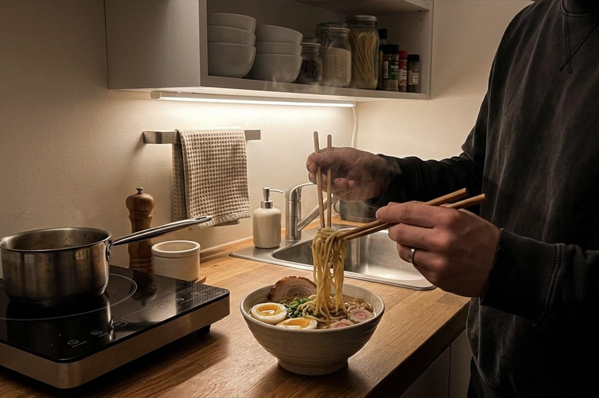 A person stands in a dimly lit, cozy kitchen at night, preparing to eat a steaming bowl of gourmet ramen on a wooden countertop. The individual, wearing a dark grey long-sleeved sweatshirt and a wedding band, uses wooden chopsticks to lift a generous portion of thick noodles from a ceramic bowl filled with rich broth, soft-boiled ajitama eggs, narutomaki fish cakes, and sliced chashu pork. To the left, a stainless steel pot sits on a sleek portable induction cooktop, and a warm under-cabinet light illuminates a tidy backsplash with a hand towel, soap dispenser, and shelves stocked with bowls and jars of ingredients. The scene is atmospheric and intimate, capturing a quiet moment of late-night comfort.