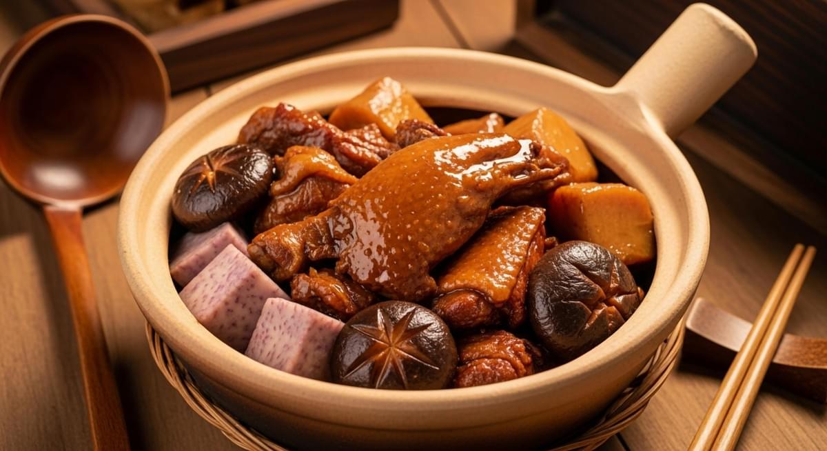 This image features a light-colored clay pot with a handle, filled with a rich stew of braised poultry, whole shiitake mushrooms, and cubes of taro. Accompanied by a wooden ladle and chopsticks on a wooden table, the dish appears hearty and deeply flavorful.