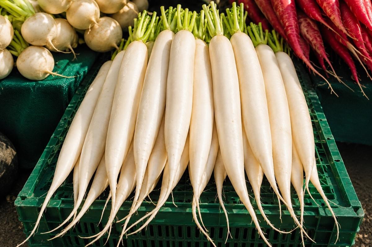 Stack of long white daikon radishes in a green plastic crate.