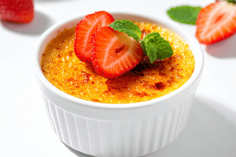 A classic white ramekin of crème brûlée topped with two fresh strawberry slices and a mint sprig, featuring an even, golden-brown caramelized top.