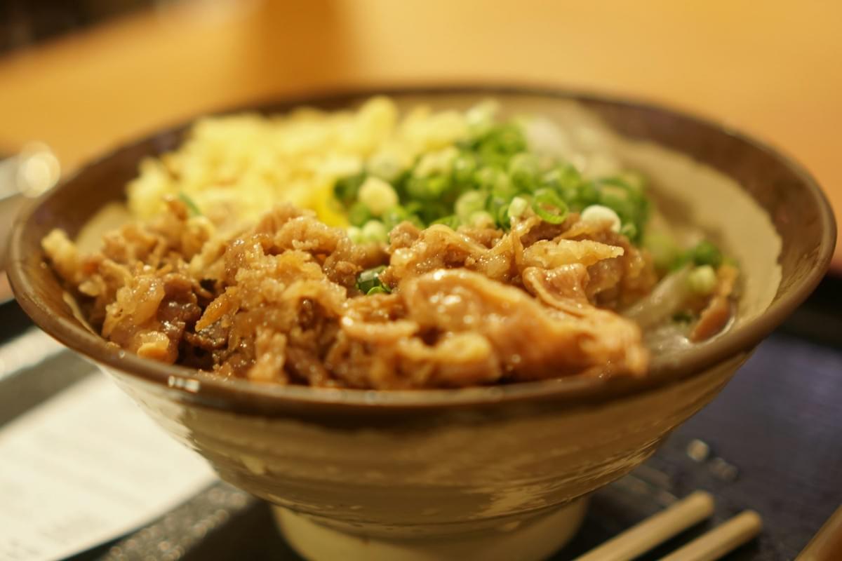 A close up shot of a soya sauce chicken rice and noodle sitting on a vintage two tone bowl.