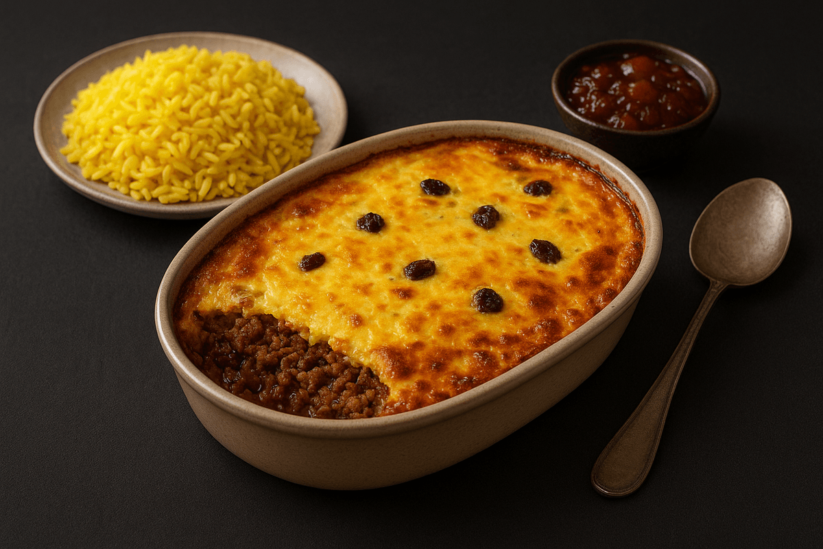 A delicious South African Bobotie, complemented by yellow rice and fruit chutney, showcasing a balanced meal.