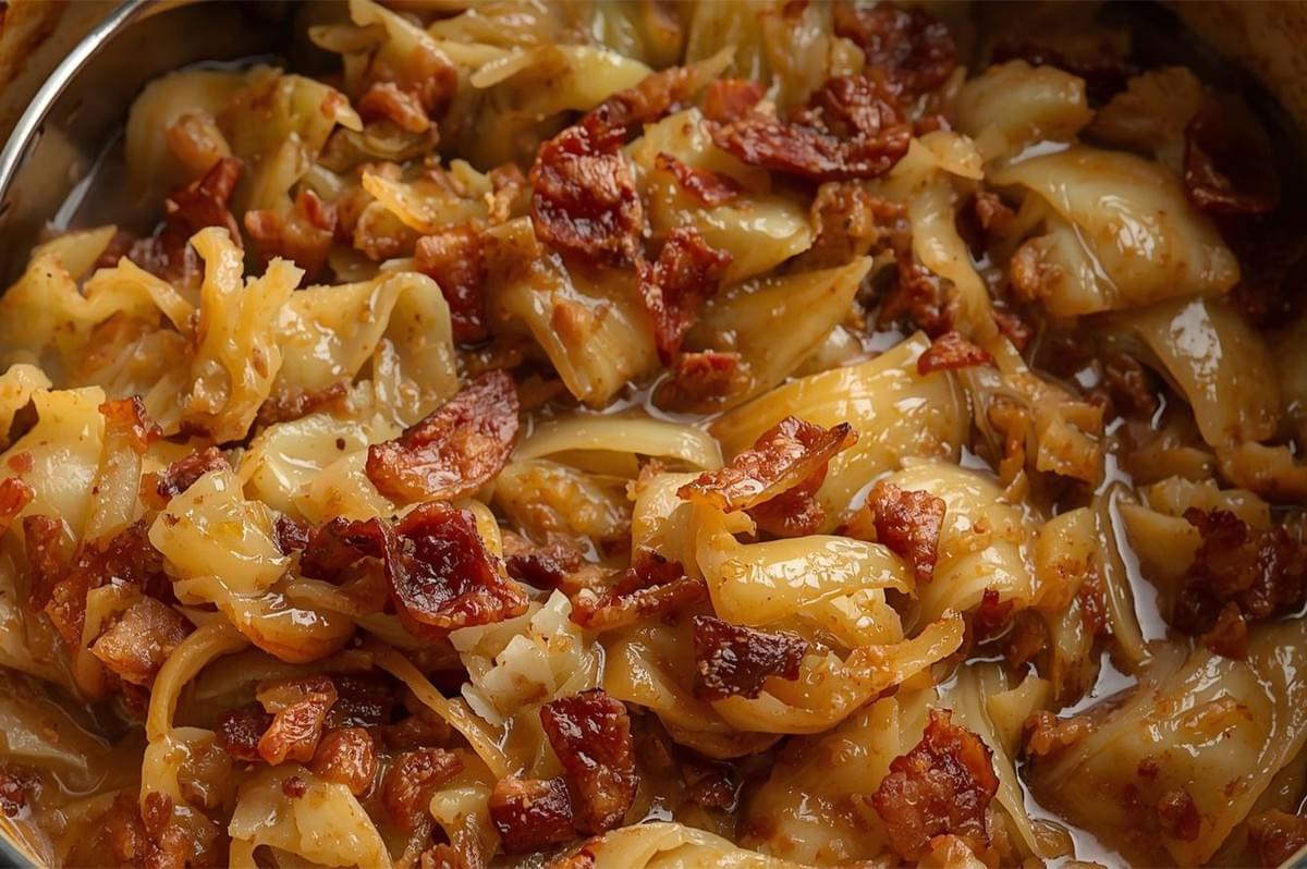 Close-up of cooked, braised, or fried cabbage, sautéed until soft and caramelized, mixed thoroughly with crispy pieces of crumbled bacon in a pot.