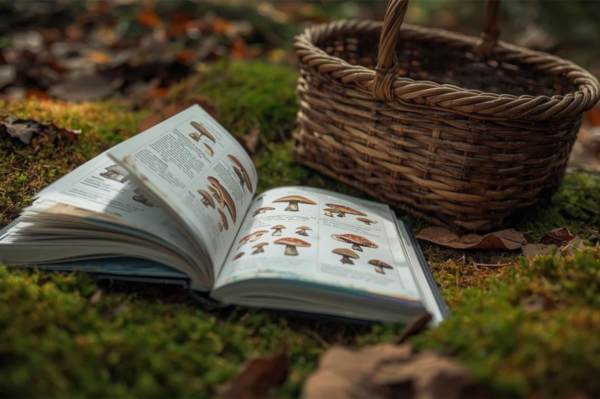 An open field guide to mushrooms resting on a mossy forest floor next to a woven wicker foraging basket, symbolizing mushroom identification and harvesting.