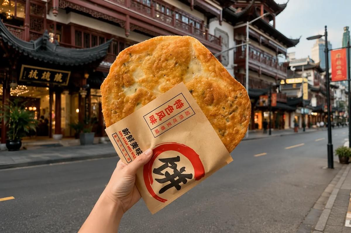 A hand holding a large, crispy flatbread in a paper sleeve on a street with Traditional Chinese architecture.
