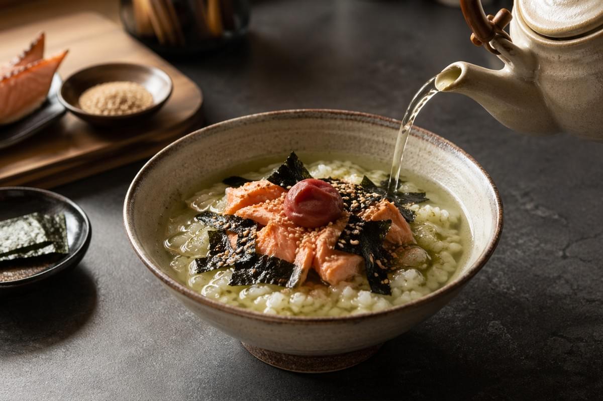 A rustic ceramic bowl filled with Ochazuke, a Japanese comfort dish. In the center of the bowl, flaked pink salmon is topped with a single, plump reddish-purple Umeboshi (pickled plum), surrounded by rectangular strips of dark green nori seaweed and a sprinkling of toasted sesame seeds. From the upper right, a steady stream of clear, golden-green dashi or tea is being poured from a traditional tan ceramic teapot into the bowl, partially submerging the white rice at the bottom. The background is softly blurred, showing extra nori, sesame seeds, and salmon on wooden platters, all set against a dark, textured tabletop that enhances the warm, cozy atmosphere.