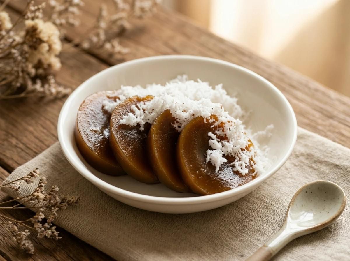 White bowl of sliced kutsinta topped with grated coconut on a rustic wooden table.