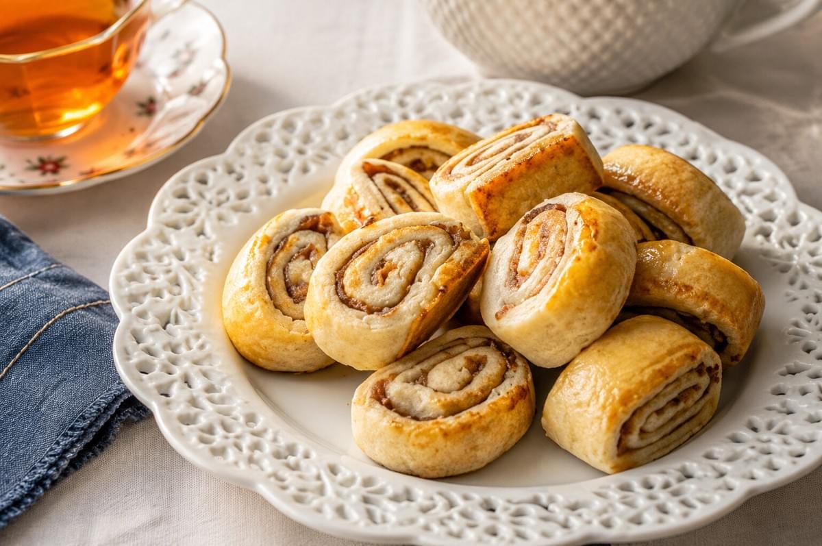 White ceramic plate stacked with soft, baked date roll pastries.