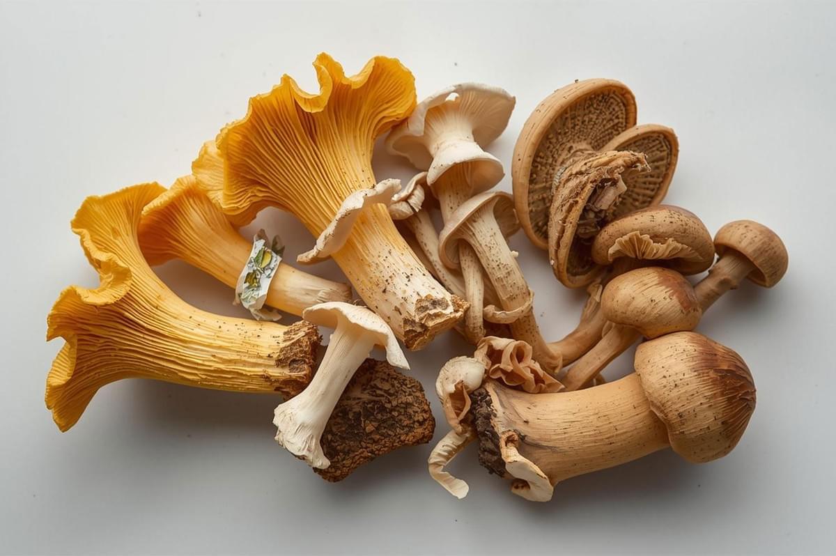 Overhead close-up of a variety of wild edible mushrooms, including bright orange Chanterelles, white Oyster mushrooms, and brown Shimeji or Pioppino mushrooms, on a white background.
