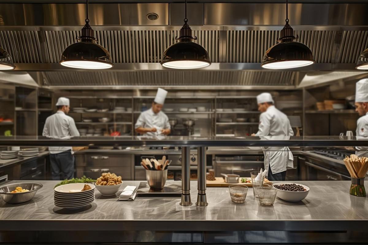 Wide shot of a clean, stainless steel professional kitchen with four chefs in white uniforms and toques preparing food, emphasizing the organized cooking environment.