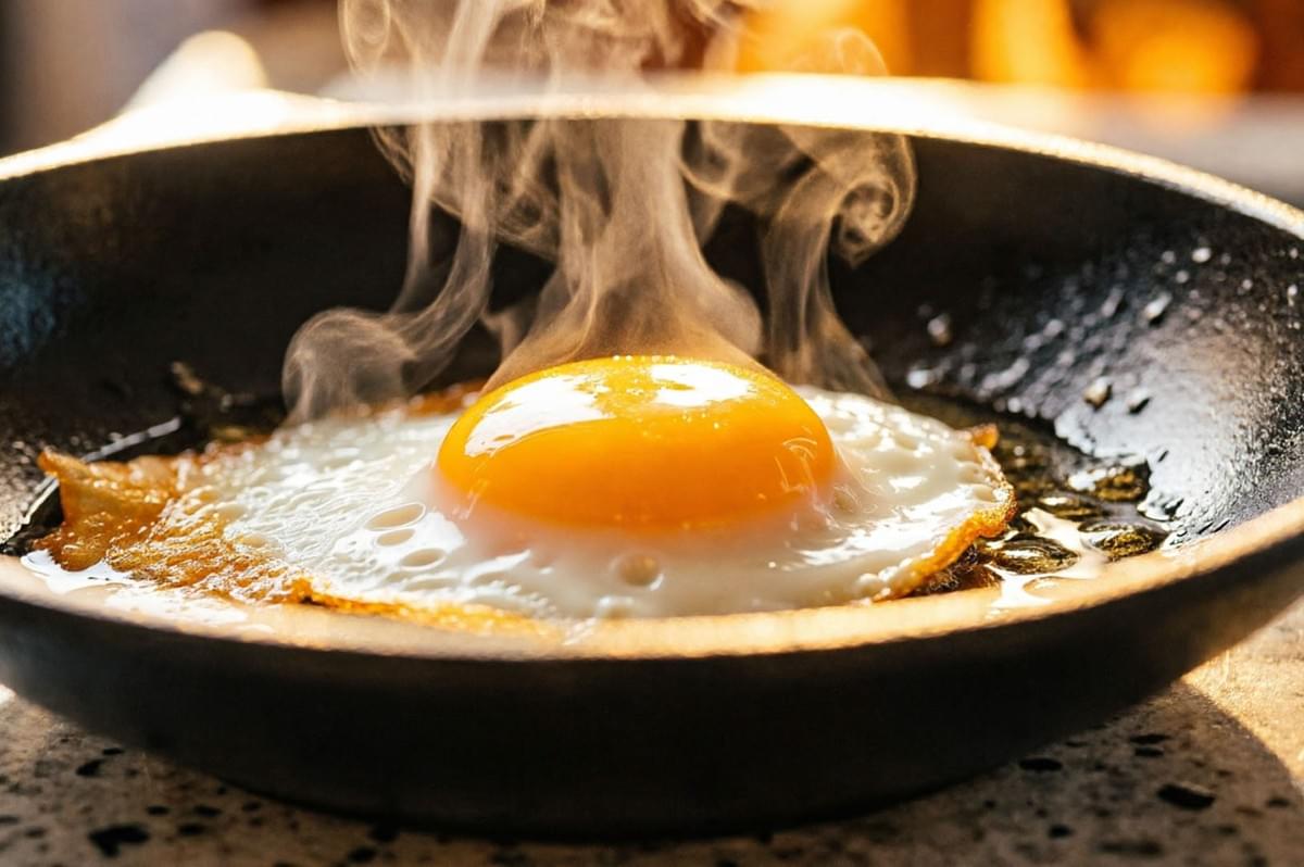 Sunny-side-up fried egg sizzling in cast iron pan with steam and crispy edges