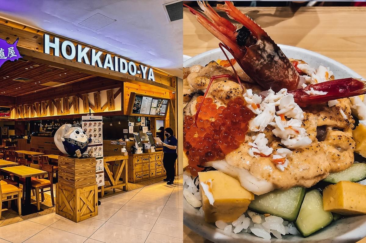 Left: Wide-angle eye-level view of a modern Japanese restaurant counter with curved wooden bar, cushioned stools, place settings with chopsticks and small plates, and a long digital display showing food imagery, illuminated by warm ceiling lights in a sleek interior. Right: Close-up, top-down angle of sliced grilled squid arranged on a rectangular ceramic plate with charred edges, accompanied by lemon wedge, greens, and dipping sauce on a wooden table surface.