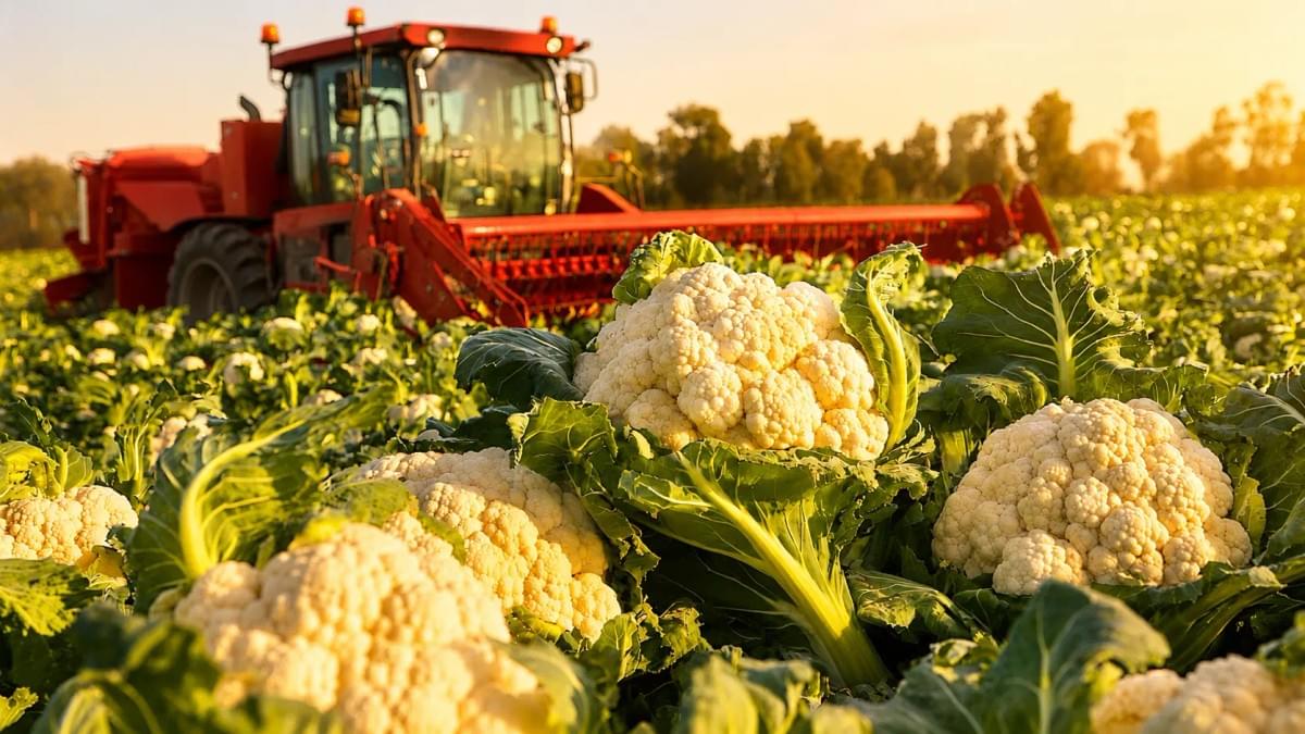 A close-up of fresh cauliflower heads growing in a field at sunset, with a large red tractor operating in the background.