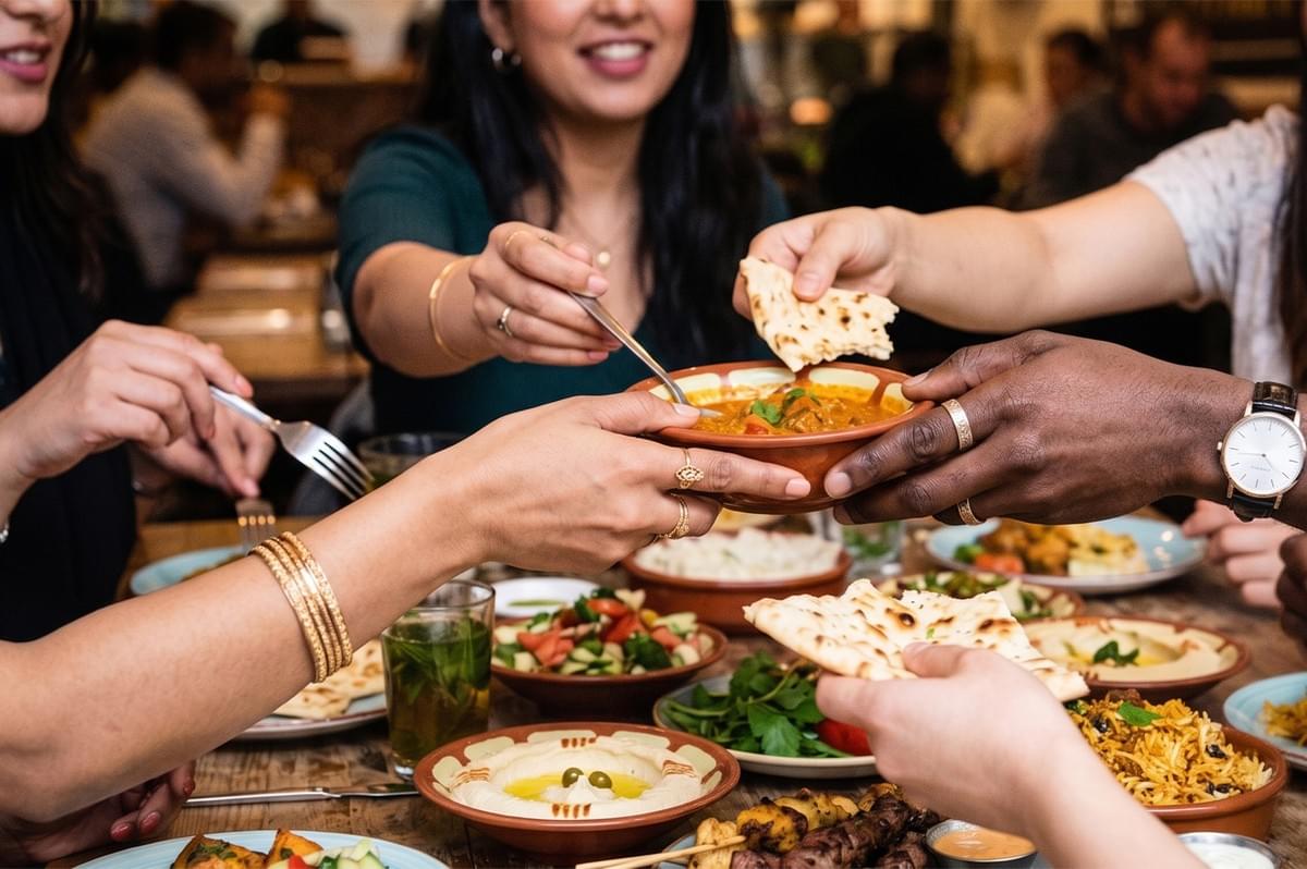 A group of friends sharing Middle Eastern and Indian dishes, dipping naan bread into curry at a restaurant table.
